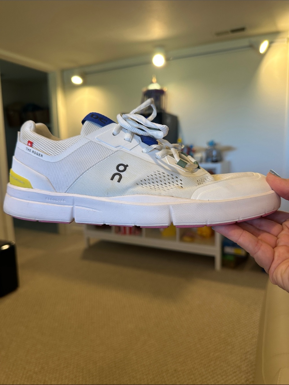White On “The Roger” Spin tennis/Running Cloud Sneaker with Blue Accents